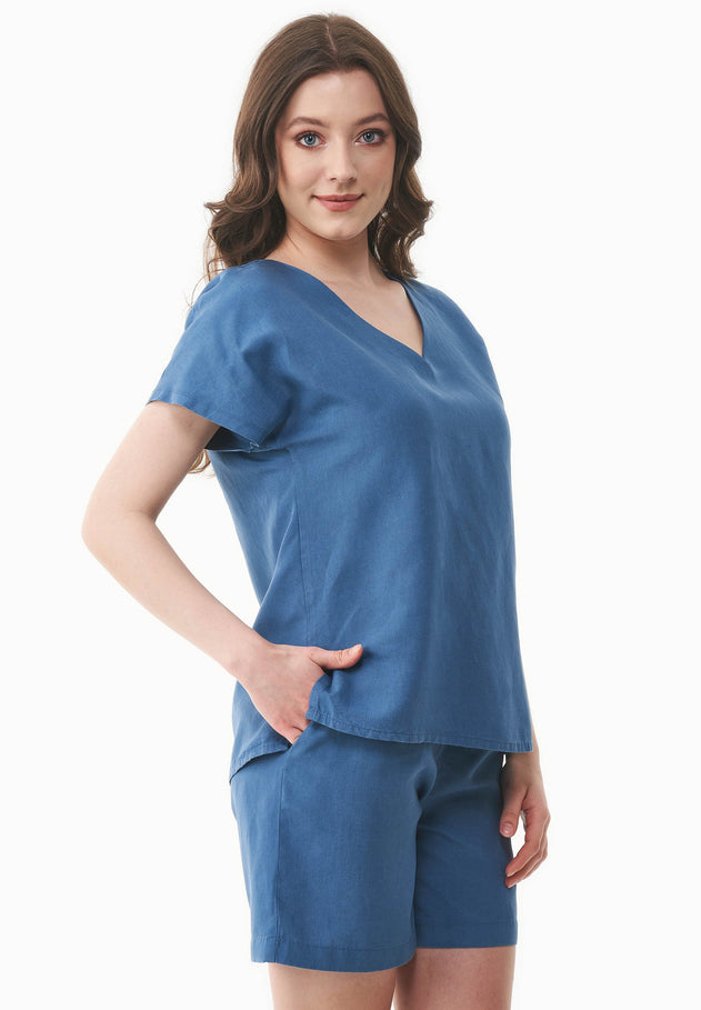 Linen-Lyocell Blend V-Neck Blouse Light Navy