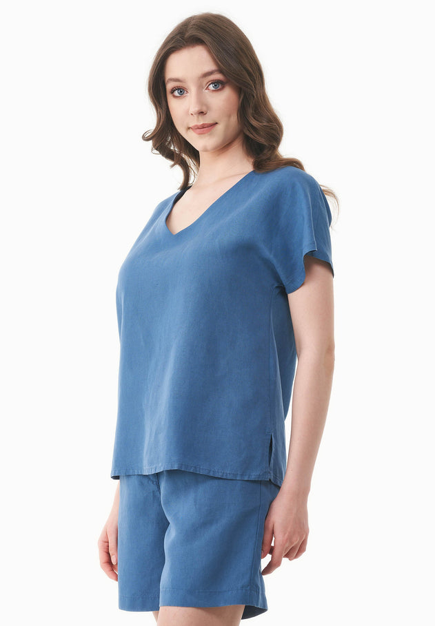 Linen-Lyocell Blend V-Neck Blouse Light Navy