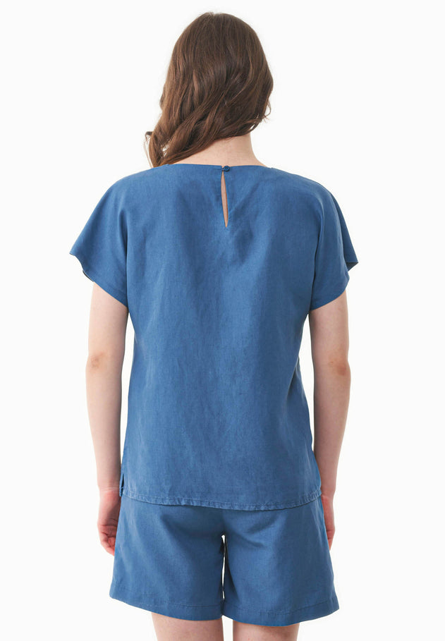 Linen-Lyocell Blend V-Neck Blouse Light Navy