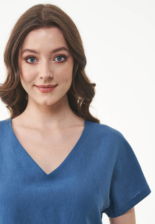 Linen-Lyocell Blend V-Neck Blouse Light Navy