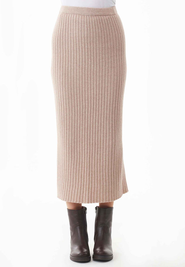 Wool Blend Midi Skirt Beige Melange