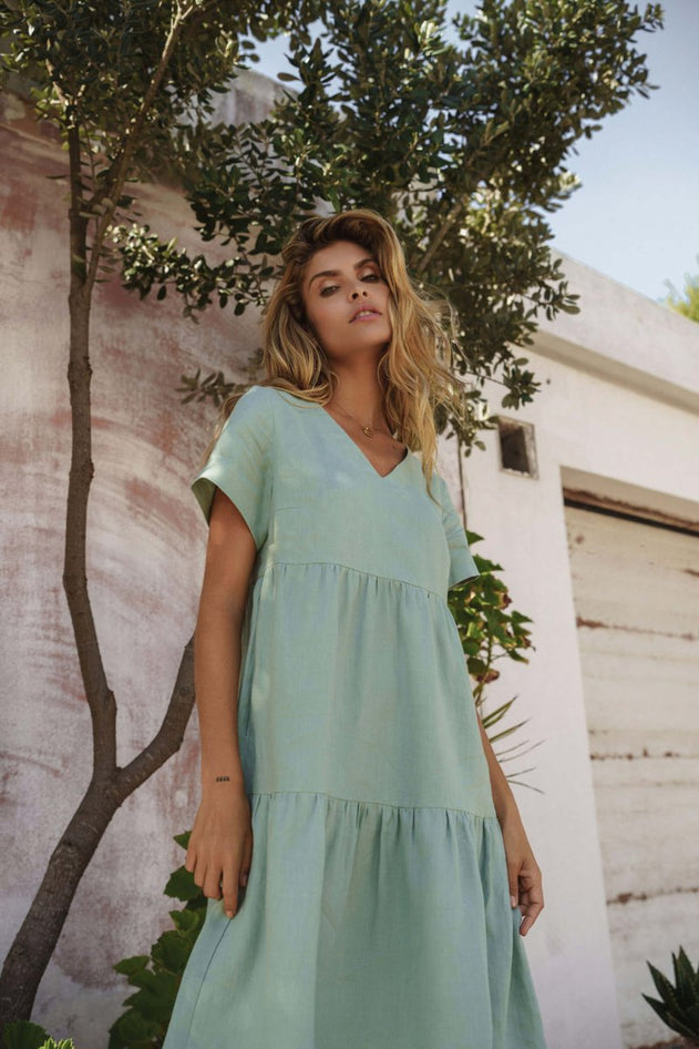Linen Layer Dress Desert Sage Green - IVALO.COM