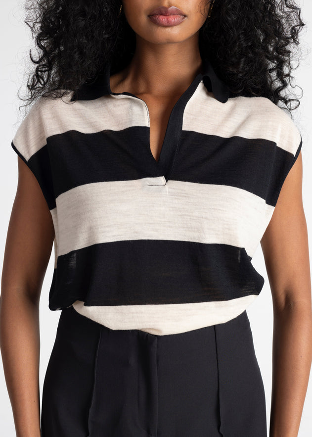 Sleeveless Wool Polo Top Stripes