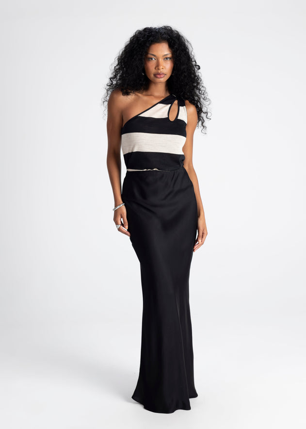 Francesca One Shoulder Wool Top Black/Beige