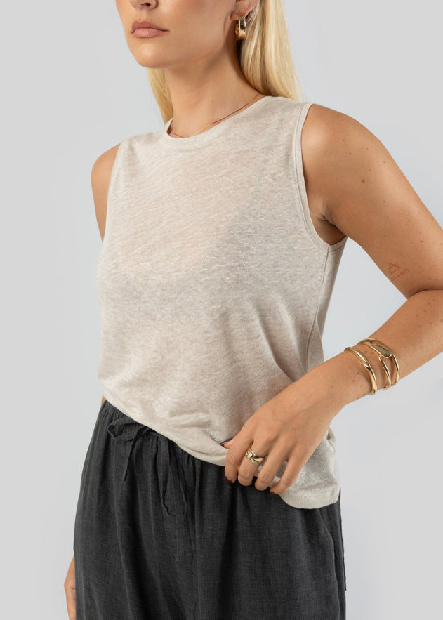 Sleeveless Linen Top Beige
