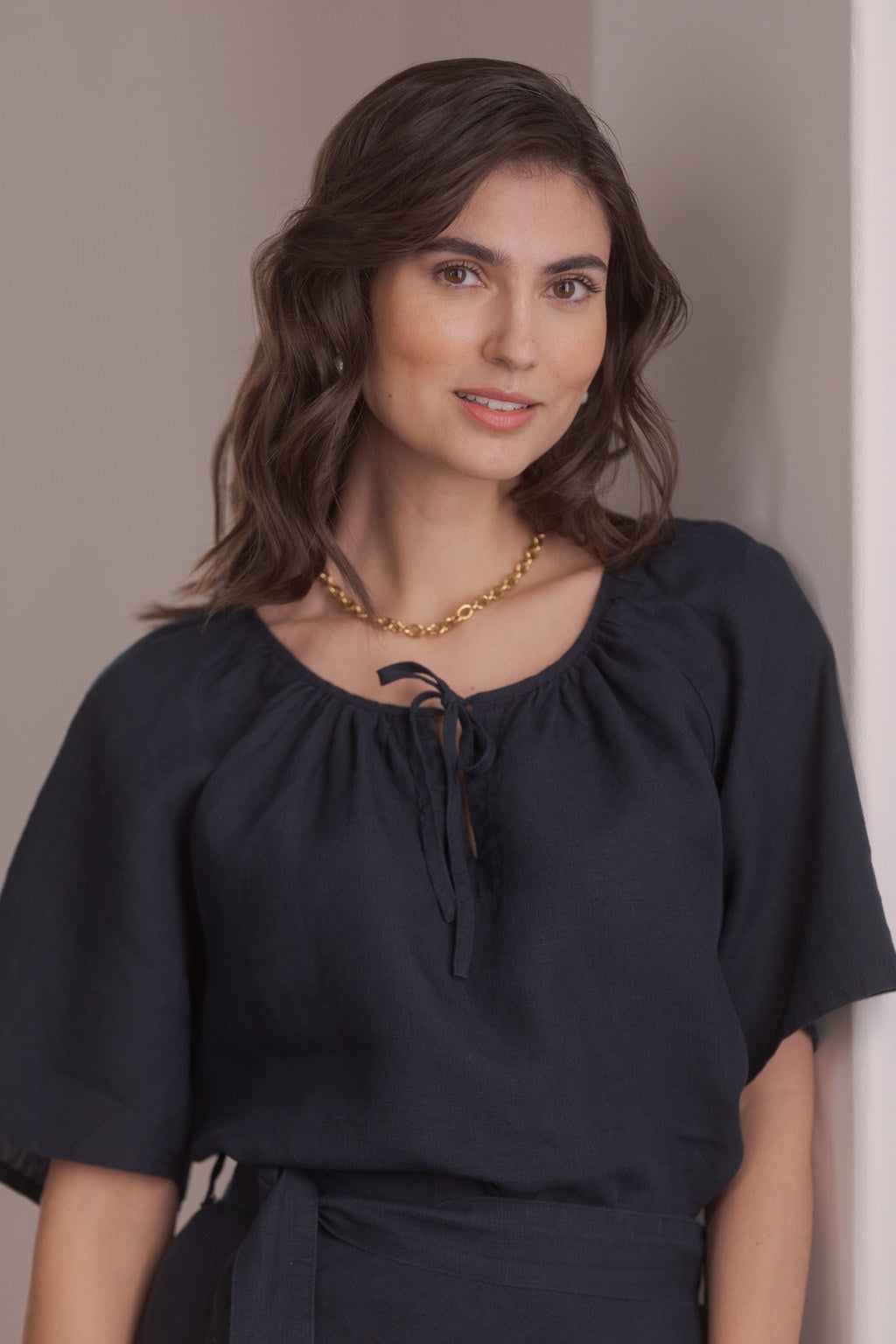 Lila Wide-sleeved Linen Shirt Dark Navy