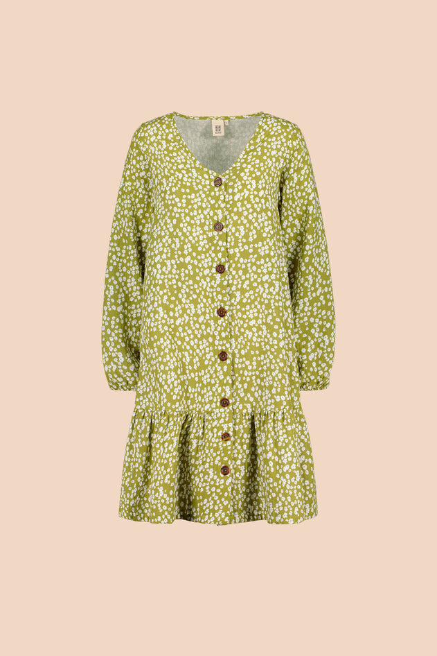 Ruffle Button Dress Flora Olive