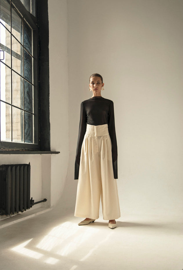 Crème vintage wol wijd been broek