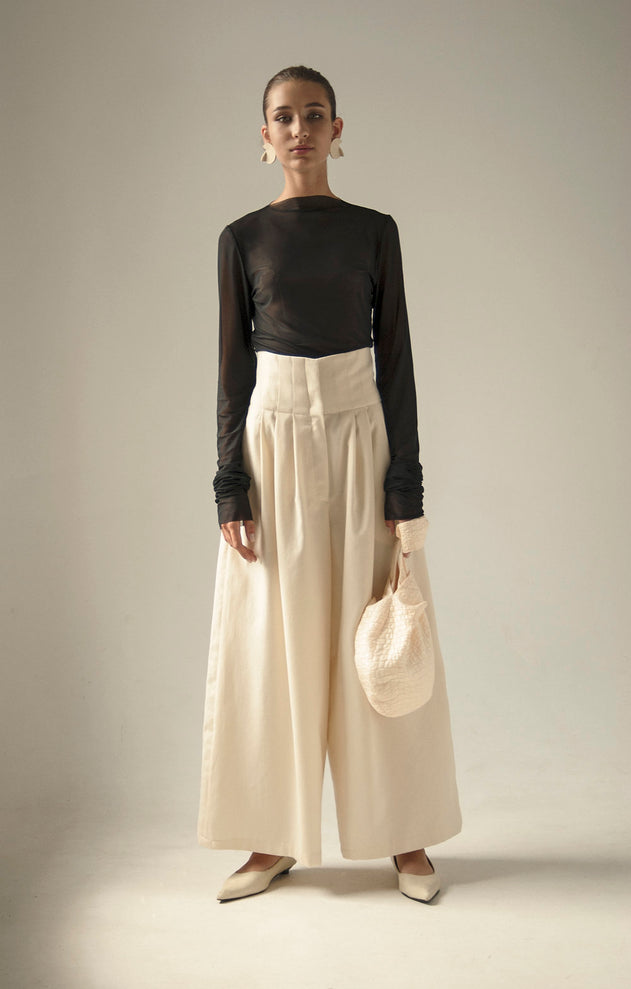 Crème vintage wol wijd been broek