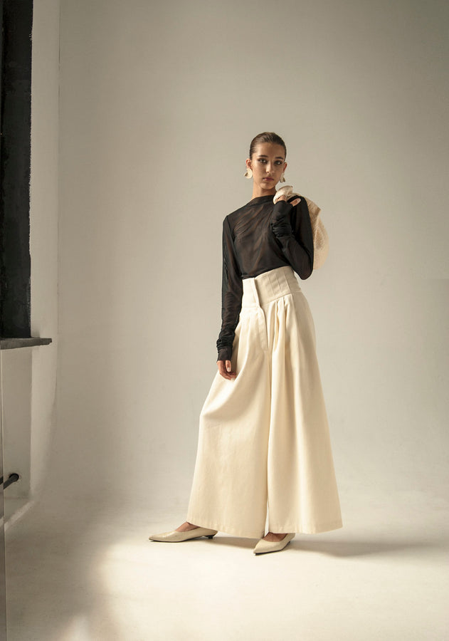 Crème vintage wol wijd been broek