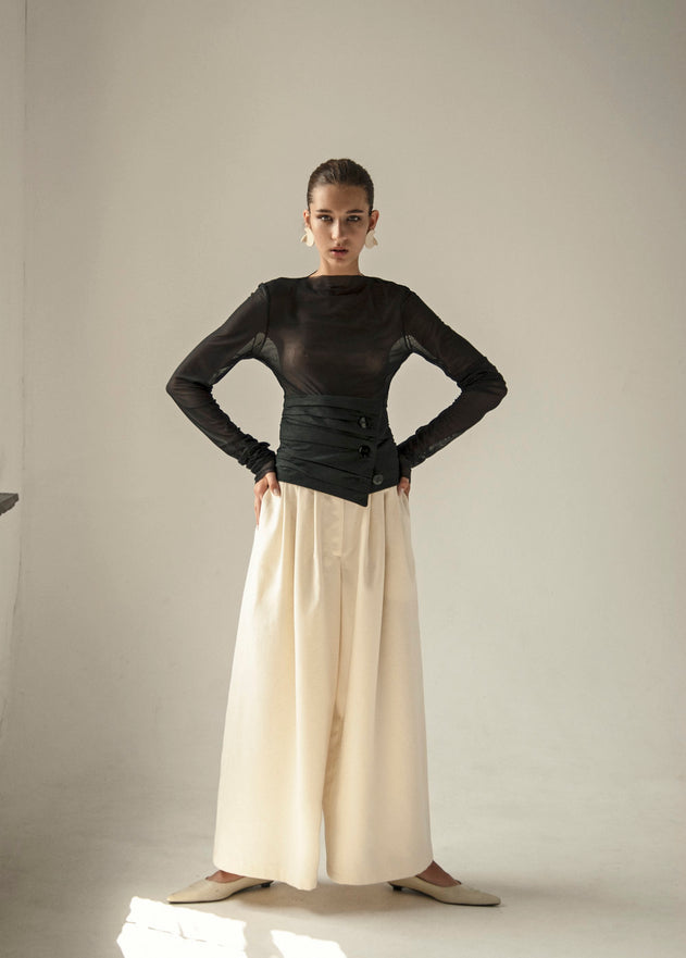 Crème vintage wol wijd been broek