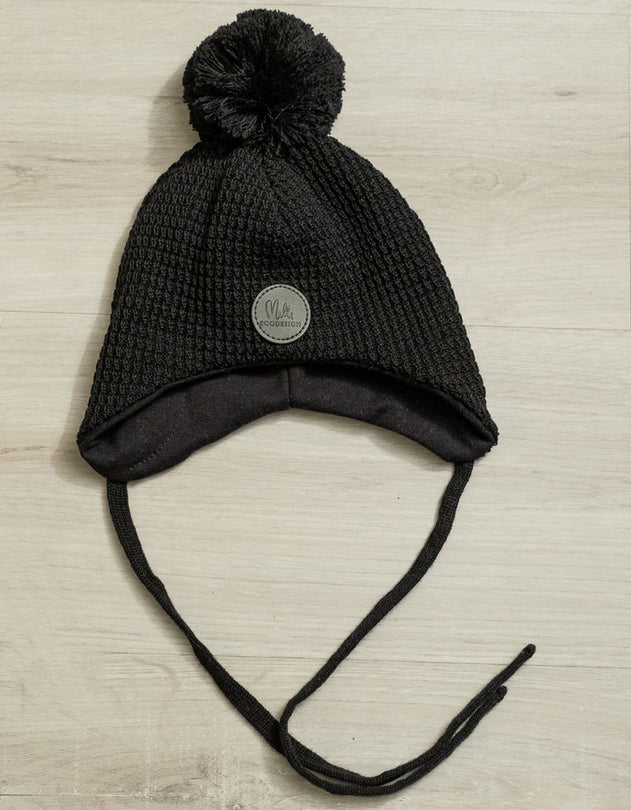 Kinderen merino beanie met snaren zwart