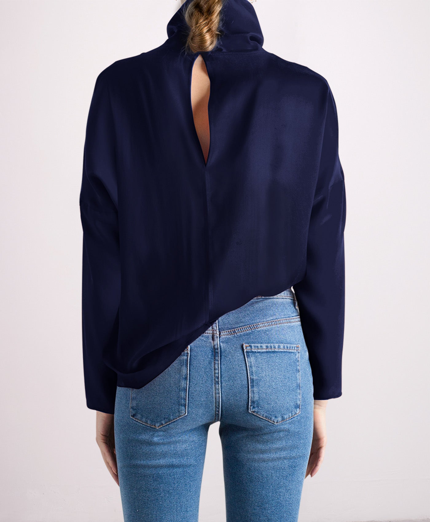 Revolutie Silk Cowl Neck Top Navy