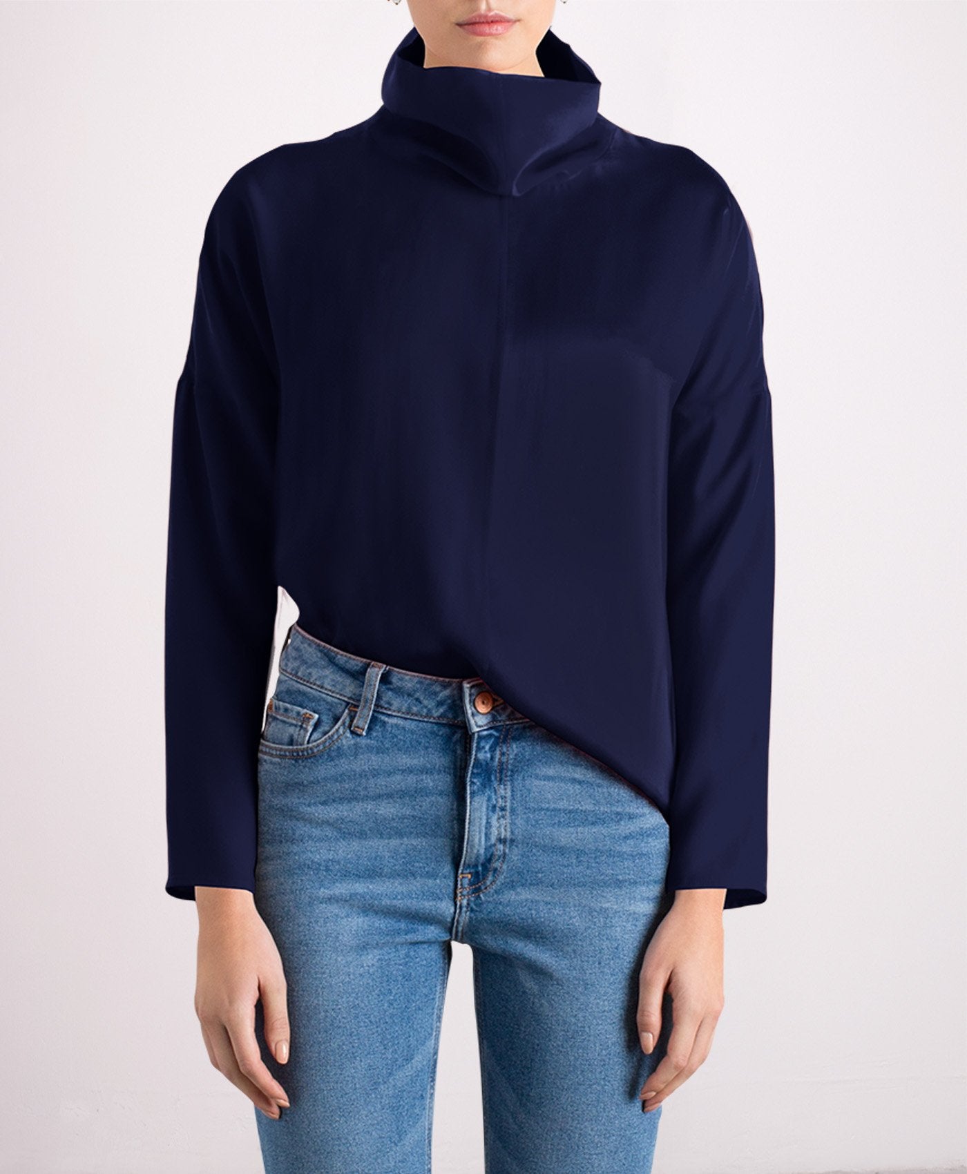 Revolutie Silk Cowl Neck Top Navy