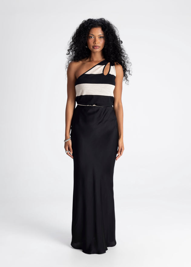 Francesca One Shoulder Wool Top Black/Beige