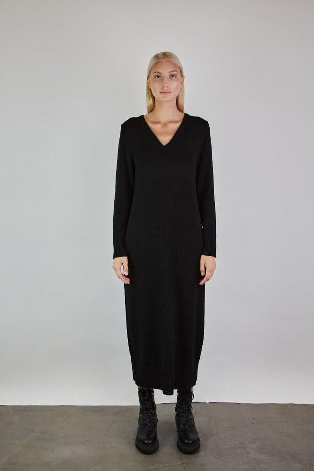 Knitted V-Neck Merino Wool Dress Black