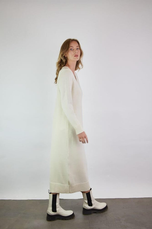 Knitted V-Neck Merino Wool Dress White