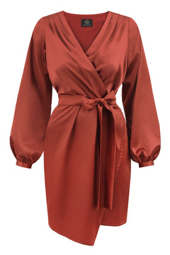 Red wrap dress with long sleeves on a white background
