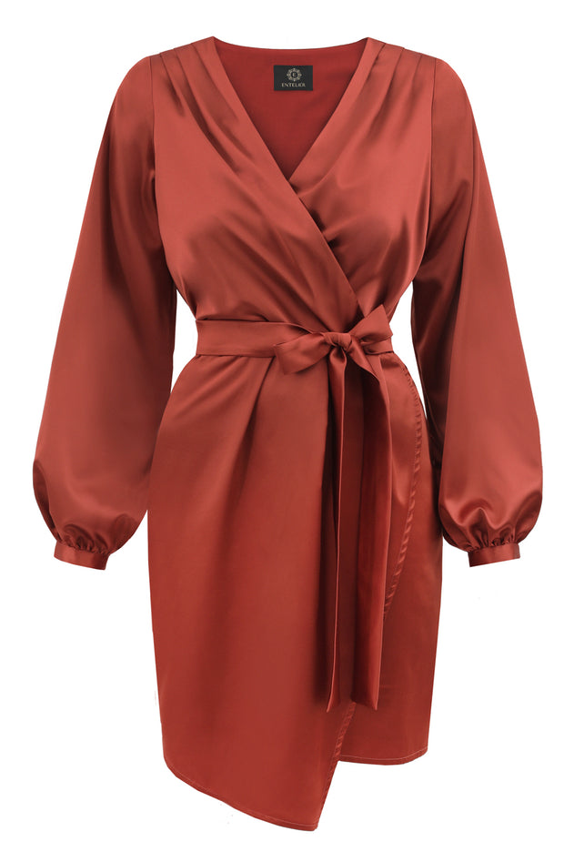 Red wrap dress with long sleeves on a white background