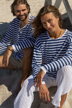Tanto Unisex Linen Long-Sleeve Top Navy Striped