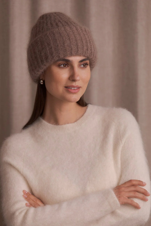 Mohair texture detail on women’s nougat hat