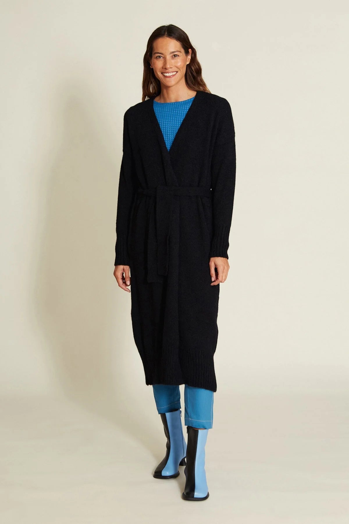 Women’s black knit jacket with long sleeve detail view