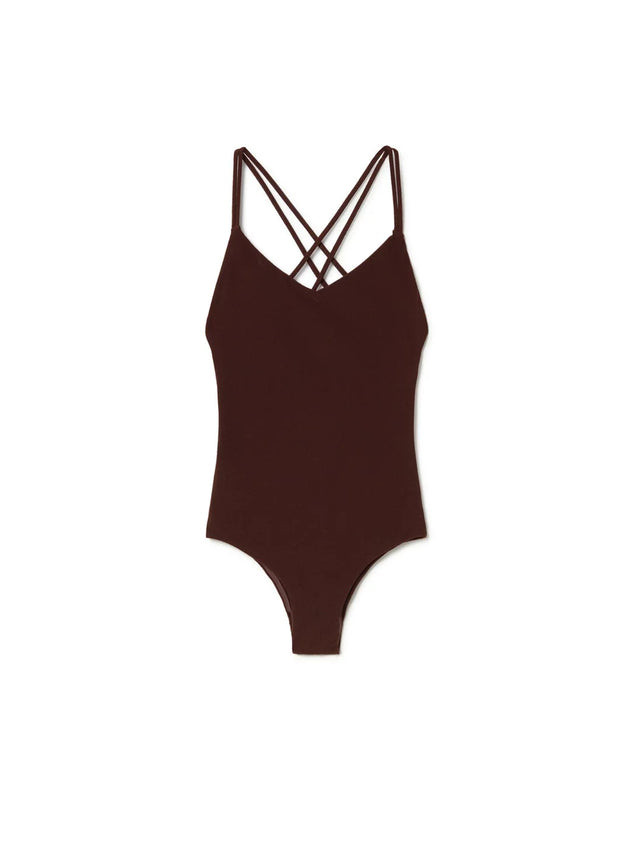 Black swimsuit with criss-cross straps on a white background