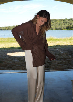 Esme Draped Twist Blouse Brown Check