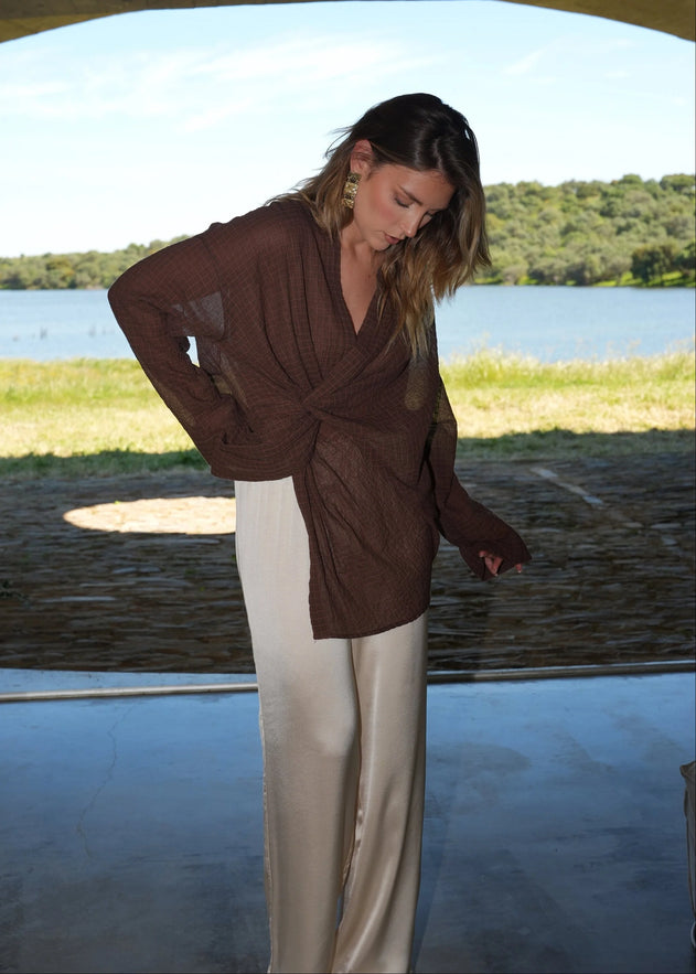 Esme Draped Twist Blouse Brown Check