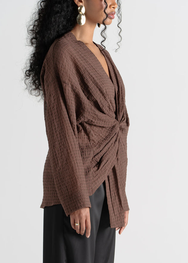 Esme Draped Twist Blouse Brown Check