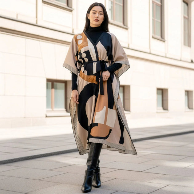 Woman wearing a patterned coat in an urban setting