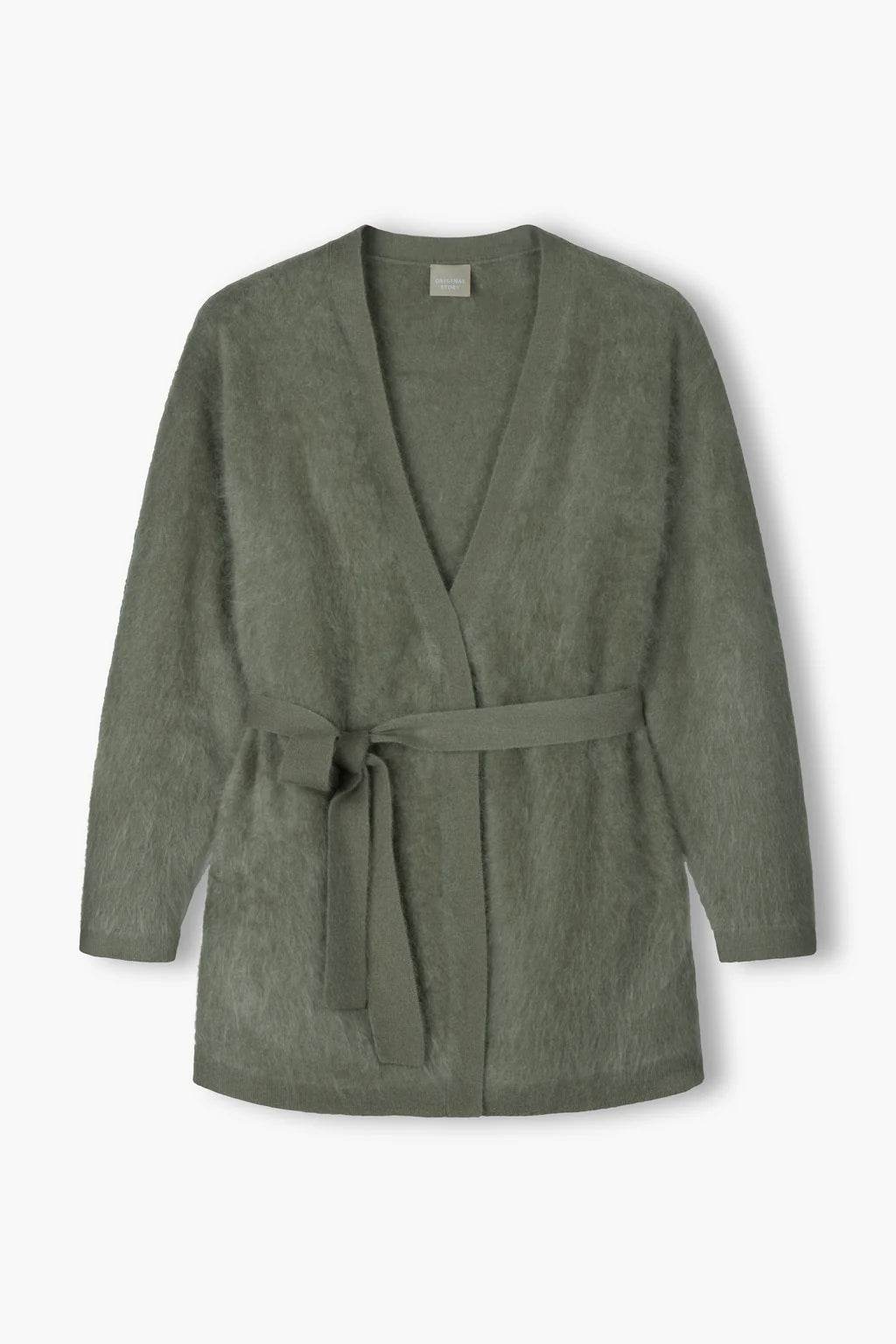 Light olive green belted cashmere cardigan, back view