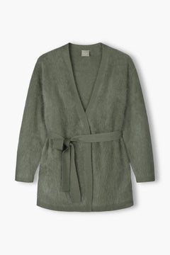 Light olive green belted cashmere cardigan, back view