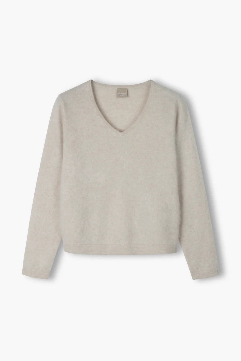 Latte beige cashmere V-neck sweater, front view