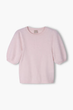 Pale pink cashmere puff-sleeve sweater, back view