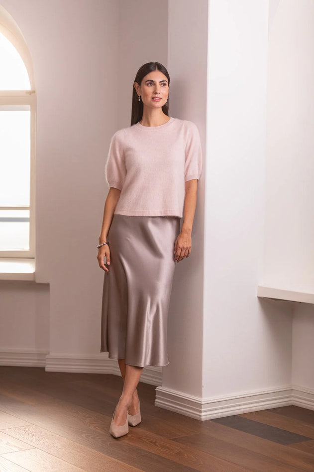 Pale pink cashmere puff-sleeve sweater, detail view