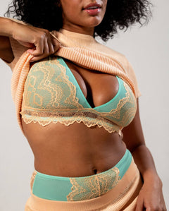 Lace Plunge Bralette Peach/Turquoise