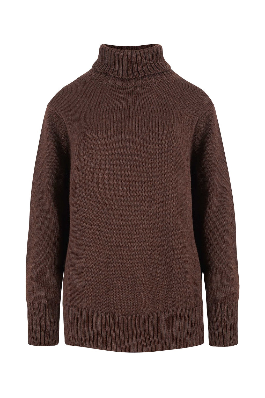Chocolate merino wool turtleneck sweater, front view