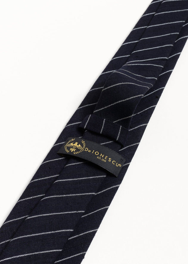 The 100% Linen Tie  Navy & White Stripes