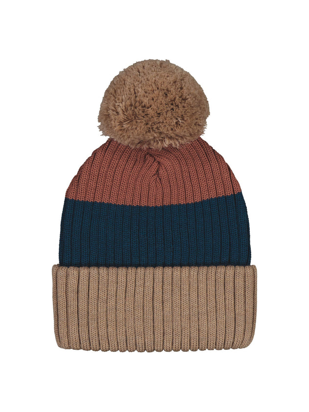 Striped Pompom Beanie Seasame/Spruce/Boho Brown