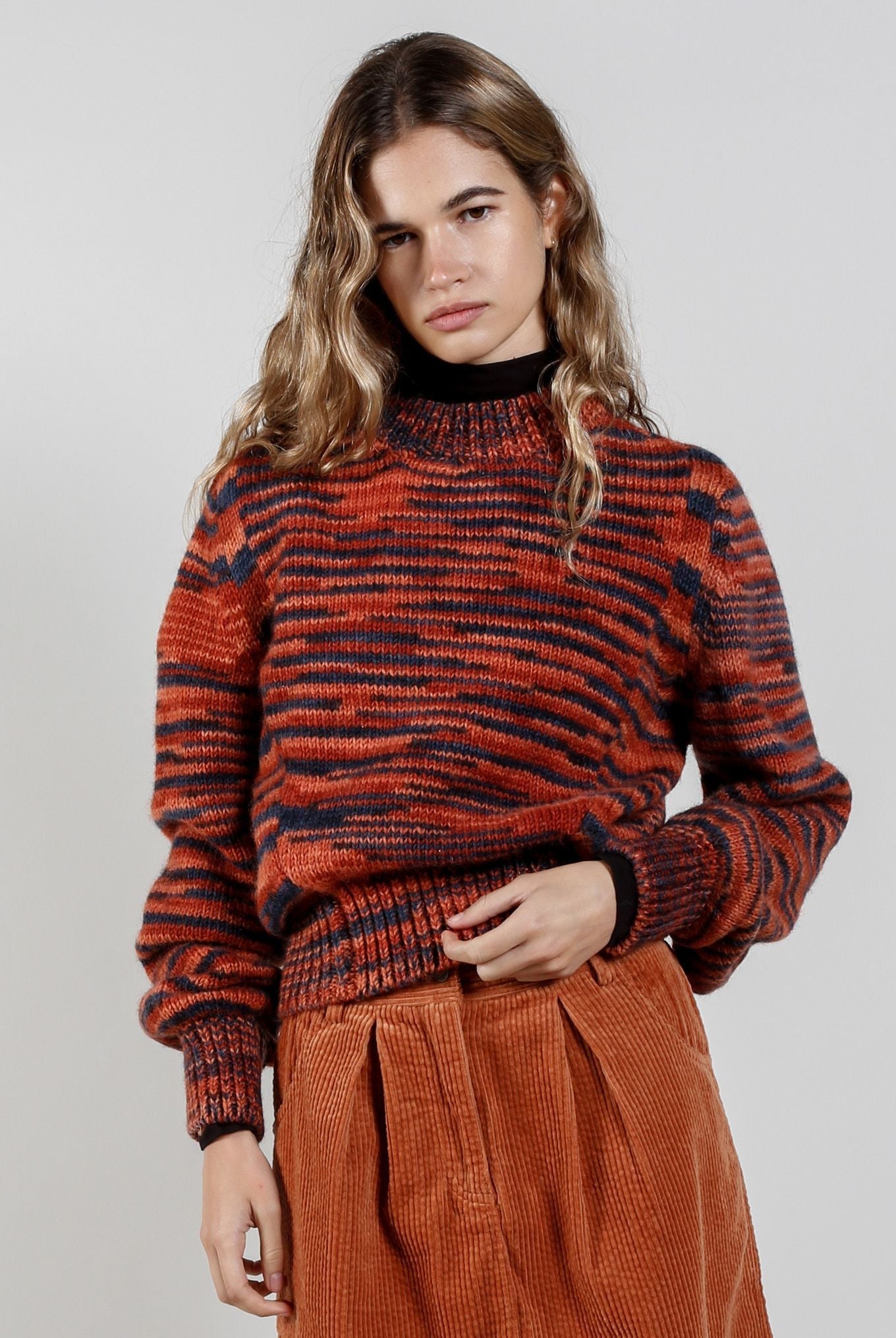 Sang red hand-knitted lamb wool sweater, front view