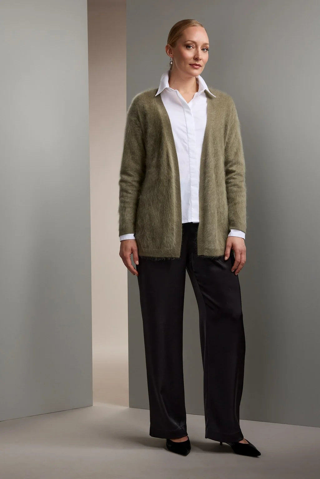 Light olive green belted cashmere cardigan, front view