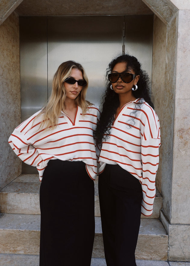 Mable Stripped Polo Sweater Cream & Red