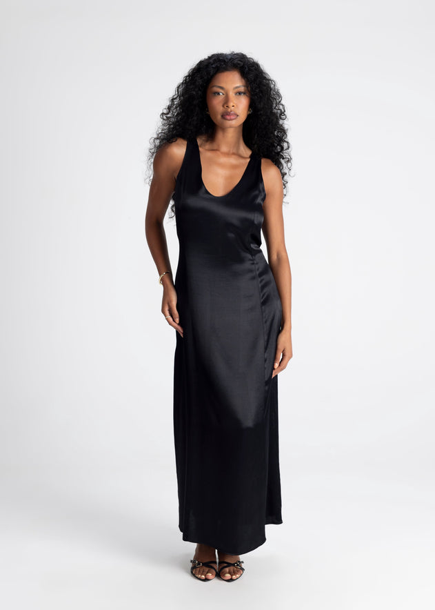 Elena Long Satin Dress Black