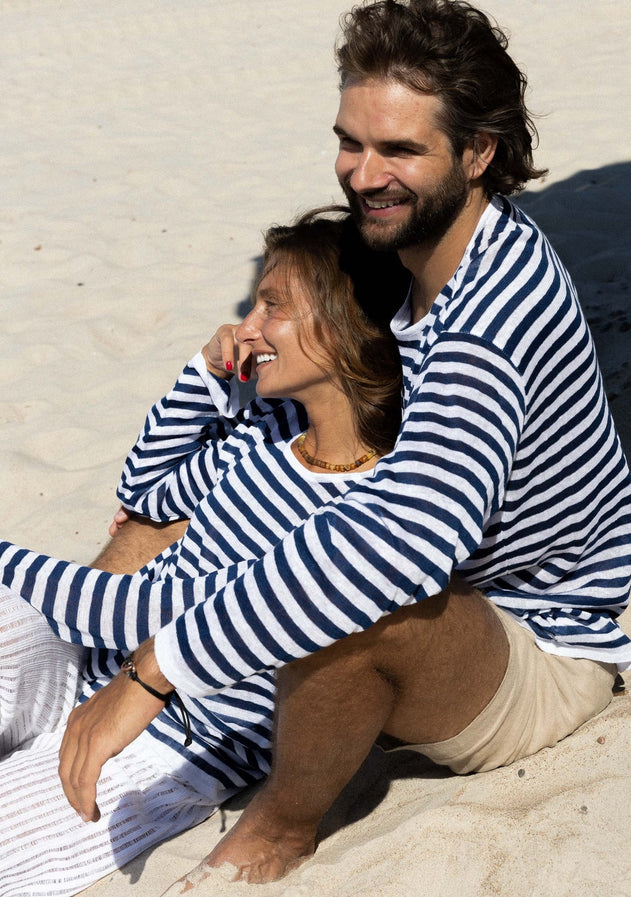Tanto Unisex Linen Long-Sleeve Top Navy Striped