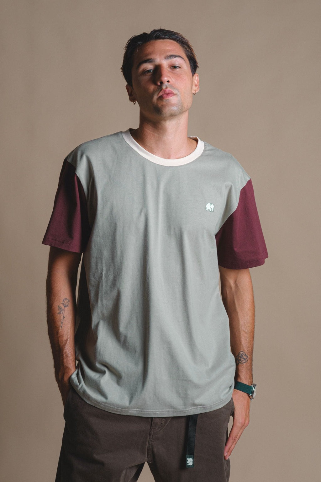Heren Color Block T-shirt Iron Veil Grey