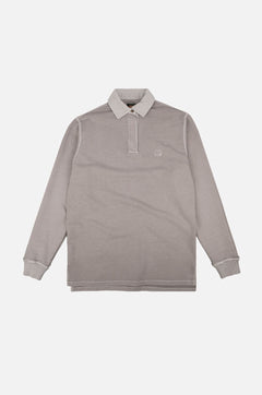 Gray long-sleeve polo shirt with white collar on a light gray background
