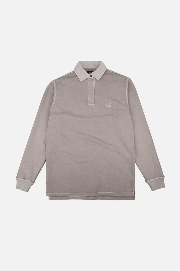 Gray long-sleeve polo shirt with white collar on a light gray background