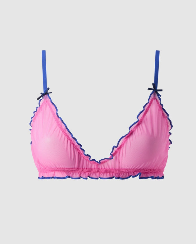 Mesh Ruffle Triangle Bralette Candy Pink / Electric Blue