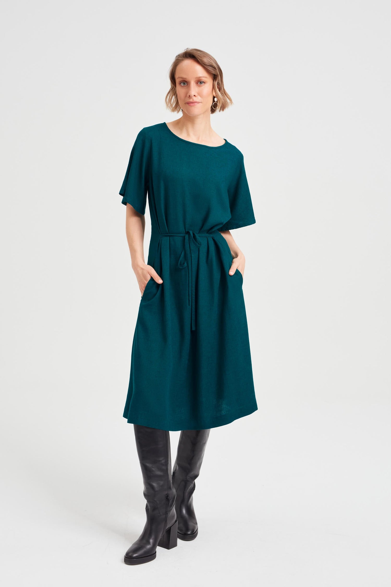 Nika Round Neck Dress With Butterfly Sleeves Deep Teal